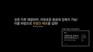 오픈 이후 해결되어, 자유로운 종료와 감축이 가능!
이를 바탕으로 무중단 배포를 실현!
자세한 내용은 아래 발표에서
Rolling Update
 