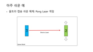 아주 쉬운 예
• 울트라 캡숑 쉬운 예제: Pong Laser 게임
P2
P1
Shoot a Laser
Game World
 