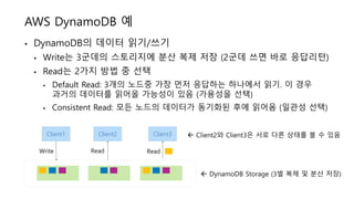 AWS DynamoDB 예
• DynamoDB의 데이터 읽기/쓰기
• Write는 3군데의 스토리지에 분산 복제 저장 (2군데 쓰면 바로 응답리턴)
• Read는 2가지 방법 중 선택
• Default Read: 3개의 노드중 가장 먼저 응답하는 하나에서 읽기. 이 경우
과거의 데이터를 읽어올 가능성이 있음 (가용성을 선택)
• Consistent Read: 모든 노드의 데이터가 동기화된 후에 읽어옴 (일관성 선택)
Client1
 DynamoDB Storage (3벌 복제 및 분산 저장)
Client2 Client3
Read ReadWrite
 Client2와 Client3은 서로 다른 상태를 볼 수 있음
 