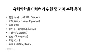 유체역학을 이해하기 위한 몇 가지 수학 용어
• 행렬(Matrix) & 벡터(Vector)
• 선형 방정식(Linear Equation)
• 장(Field)
• 편미분(Partial Derivative)
• 기울기(Gradient)
• 발산(Divergence)
• 회전(Curl)
• 라플라시안(Laplacian)
 