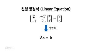 선형 방정식 (Linear Equation)
2 −1
−1 2
𝑥𝑥
𝑦𝑦 =
3
6
일반화
𝐀𝐀𝐀𝐀 = 𝐛𝐛
 