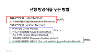 선형 방정식을 푸는 방법
• 직접적인 방법 (Direct Method)
• 가우스-조던 소거법 (Gauss-Jordan Elimination)
• 간접적인 방법 (Indirect Method)
• 야코비 방법 (Jacobi Method)
• 가우스-사이델 방법 (Gauss-Seidel Method)
• 경사 하강법 (Gradient Descent Method)
• 켤레(공역) 기울기법 (Conjugate Gradient Method)
• 전처리된 켤레(공역) 기울기법 (Preconditioned Conjugate Gradient Method)
𝑂𝑂(𝑁𝑁3
)
𝑂𝑂(𝑁𝑁2
)
𝑂𝑂(𝑁𝑁)
 