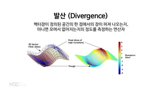 발산 (Divergence)
벡터장이 정의된 공간의 한 점에서의 장이 퍼져 나오는지,
아니면 모여서 없어지는지의 정도를 측정하는 연산자
 