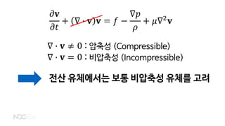 𝜕𝜕𝐯𝐯
𝜕𝜕𝑡𝑡
+ ∇ � 𝐯𝐯 𝐯𝐯 = 𝑓𝑓 −
∇𝑝𝑝
𝜌𝜌
+ 𝜇𝜇∇2
𝐯𝐯
∇ � 𝐯𝐯 = 0 : 비압축성 (Incompressible)
∇ � 𝐯𝐯 ≠ 0 : 압축성 (Compressible)
전산 유체에서는 보통 비압축성 유체를 고려
 