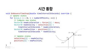 시간 통합
void OnAdvanceTimeStep(double timeIntervalInSeconds) override {
// Update states
for (size_t i = 0; i < numberOfPoints; ++i) {
// Compute new states
Vector3D newAcceleration = forces[i] / mass;
Vector3D newVelocity = velocities[i] +
timeIntervalInSeconds * newAcceleration;
Vector3D newPosition = positions[i] +
timeIntervalInSeconds * newVelocity;
// Update states
velocities[i] = newVelocity;
positions[i] = newPosition;
}
}
 