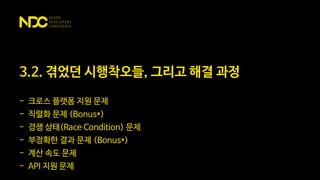 3.2. 겪었던 시행착오들, 그리고 해결 과정
- 크로스 플랫폼 지원 문제
- 직렬화 문제 (Bonus*)
- 경쟁 상태(Race Condition) 문제
- 부정확한 결과 문제 (Bonus*)
- 계산 속도 문제
- API 지원 문제
 