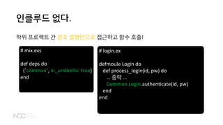 인클루드 없다.
하위 프로젝트 간 참조 설정만으로 접근하고 함수 호출!
# mix.exs
def deps do
{`common`, in_umbrella: true}
end
# login.ex
defmoule Login do
def process_login(id, pw) do
… 중략 …
Common.Login.authenticate(id, pw)
end
end
 