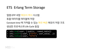 ETS Erlang Term Storage
얼랭 OTP 내장 메모리 캐시 시스템
튜플 데이터를 테이블에 저장
Constant time 에 가져올 수 있는 매우 빠른 메모리 저장 구조
생성한 프로세스와 Life Cycle 동일
> :ets.new(:user, [:public, :named_table])
> :ets.insert(:user, {“유저1”, user_value, …})
> :ets.lookup(:user, “유저1”)
 