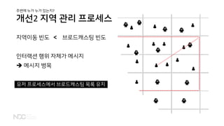 개선2 지역 관리 프로세스
지역이동 빈도 < 브로드캐스팅 빈도
인터랙션 행위 자체가 메시지
➔ 메시지 병목
주변에 누가 누가 있는지?
유저 프로세스에서 브로드캐스팅 목록 유지
 