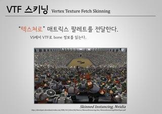 VTF 스키닝                     Vertex Texture Fetch Skinning



 “텍스쳐로” 매트릭스 팔레트를 전달한다.
   VS에서 VTF로 bone 정보를 읽는다.




                                                               Skinned Instancing, Nvidia
    http://developer.download.nvidia.com/SDK/10.5/direct3d/Source/SkinnedInstancing/doc/SkinnedInstancingWhitePaper.pdf
 
