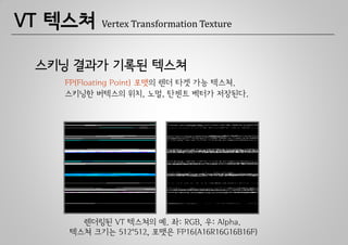 VT 텍스쳐    Vertex Transformation Texture



 스키닝 결과가 기록된 텍스쳐
   FP(Floating Point) 포맷의 렌더 타겟 가능 텍스쳐.
   스키닝한 버텍스의 위치, 노멀, 탄젠트 벡터가 저장된다.




      렌더링된 VT 텍스쳐의 예. 좌: RGB, 우: Alpha.
    텍스쳐 크기는 512*512, 포맷은 FP16(A16R16G16B16F)
 