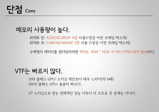 단점   Cons



 메모리 사용량이 높다.
      최적화 전: A32R32G3B32F 4장 사용(1장은 이전 프레임 텍스쳐)
      최적화 후: A16R16G16B16F 2장 사용 (1장은 이전 프레임 텍스쳐)

      수백명의 캐릭터를 렌더링하려면 적어도 1024 * 1024 크기의 VT텍스쳐가 필요하다.




 VTF는 빠르지 않다.
      DX9 클래스 GPU: 스키닝 계산보다 매우 느리다(약 6배)
      DX10 클래스 GPU: 충분히 빠르다.

      VT 스키닝으로 얻는 전체적인 성능 이득이 더 크므로 큰 문제는 아니다.
 