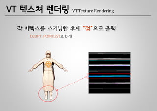 VT 텍스쳐 렌더링                  VT Texture Rendering



 각 버텍스를 스키닝한 후에 “점”으로 출력
    D3DPT_POINTLIST로 DP()
 