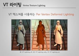 VT 라이팅      Vertex Texture Lighting



 VT 텍스쳐를 사용하는 Per Vertex Deferred Lighting




        좌: VT Lighting off, 중: VT Lighting only, 우: VT Lighting on
 