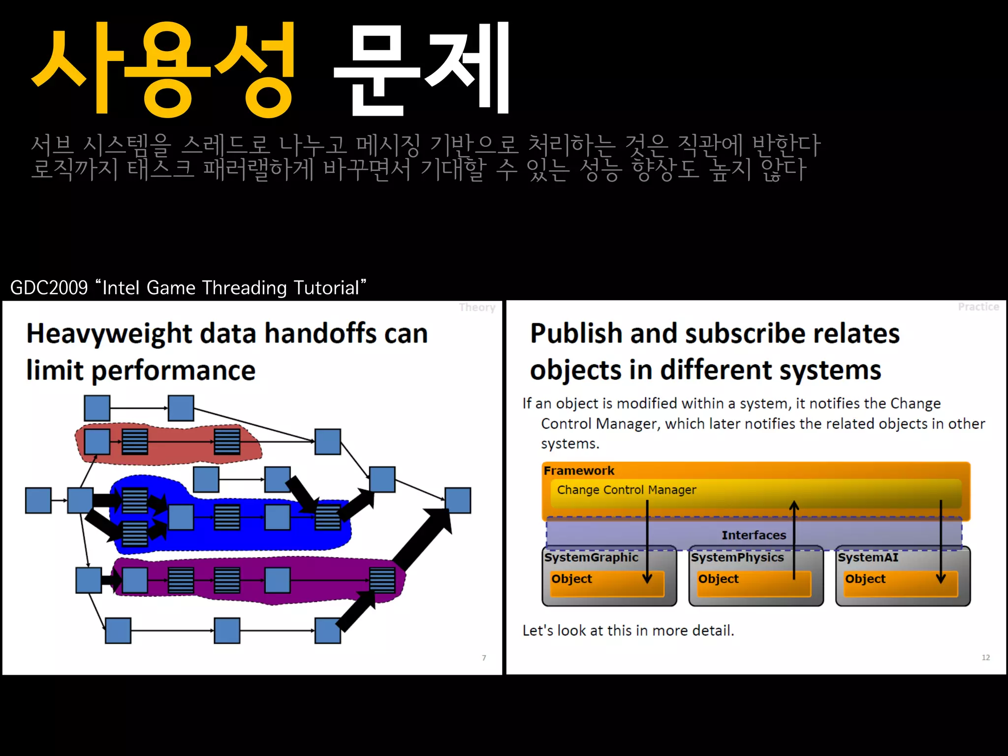 사용성 문제
  서브 시스템을 스레드로 나누고 메시징 기반으로 처리하는 것은 직관에 반한다
  로직까지 태스크 패러랠하게 바꾸면서 기대할 수 있는 성능 향상도 높지 않다



GDC2009 “Intel Game Threading Tutorial”
 
