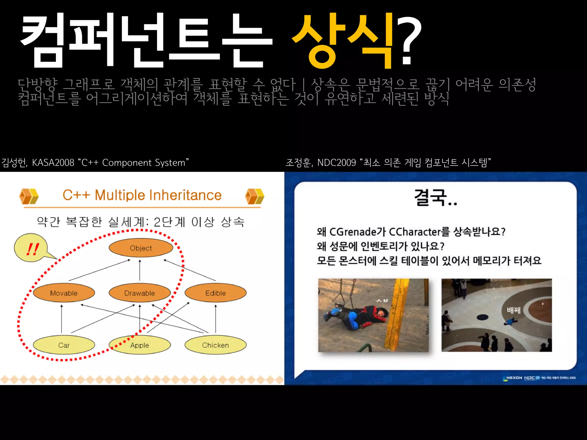 컴퍼넌트는 상식?
   단방향 그래프로 객체의 관계를 표현할 수 없다 | 상속은 문법적으로 끊기 어려운 의존성
   컴퍼넌트를 어그리게이션하여 객체를 표현하는 것이 유연하고 세련된 방식



김성헌, KASA2008 “C++ Component System”   조정훈, NDC2009 “최소 의존 게임 컴포넌트 시스템”
 