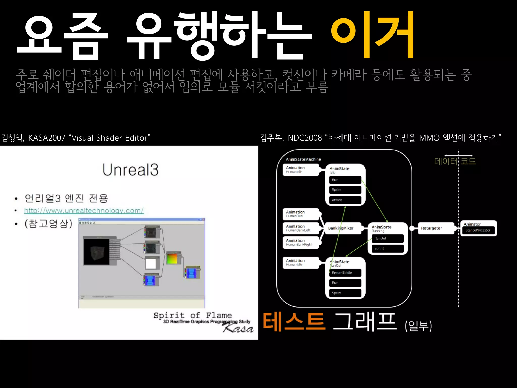 요즘 유행하는 이거
   주로 쉐이더 편집이나 애니메이션 편집에 사용하고, 컷신이나 카메라 등에도 활용되는 중
   업계에서 합의한 용어가 없어서 임의로 모듈 서킷이라고 부름


김성익, KASA2007 “Visual Shader Editor”   김주복, NDC2008 “차세대 애니메이션 기법을 MMO 액션에 적용하기”
 
