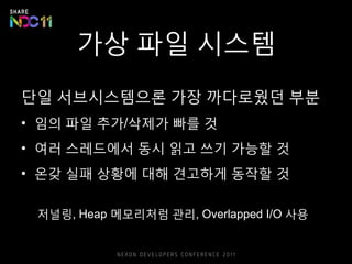 가상 파일 시스템
단일 서브시스템으론 가장 까다로웠던 부분
• 임의 파일 추가/삭제가 빠를 것
• 여러 스레드에서 동시 읽고 쓰기 가능할 것
• 온갖 실패 상황에 대해 견고하게 동작할 것
저널링, Heap 메모리처럼 관리, Overlapped I/O 사용
 