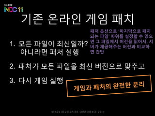 기존 온라인 게임 패치
1. 모든 파일이 최신일까?
아니라면 패처 실행
2. 패처가 모든 파일을 최신 버전으로 맞추고
3. 다시 게임 실행
패처 옵션으로 ‘마지막으로 패치
되는 파일’ 따위를 설정할 수 있으
면 그 파일에서 버전을 읽어서, 서
버가 제공해주는 버전과 비교하
면 간단
 