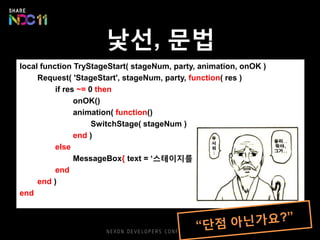 local function TryStageStart( stageNum, party, animation, onOK )
Request( 'StageStart', stageNum, party, function( res )
if res ~= 0 then
onOK()
animation( function()
SwitchStage( stageNum )
end )
else
MessageBox{ text = ‘스테이지를 시작할 수 없어요’ }
end
end )
end
낯선, 문법
 