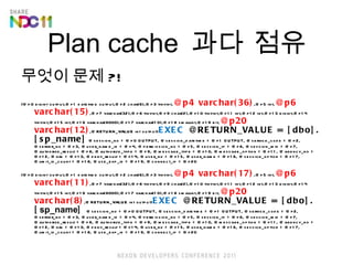 Plan cache  ?? ?? ??? ?? ?! (@p0 bigint output,@p1 datetime output,@p2 char(6),@p3 tinyint, @p4 varchar(36) ,@p5 int, @p6 varchar(15) ,@p7 varchar(32),@p8 tinyint,@p9 char(2),@p10 tinyint,@p11 int,@p12 int,@p13 bigint,@p14 tinyint,@p15 int,@p16 varchar(8000),@p17 varchar(10),@p18 smallint,@p19 bit, @p20 varchar(12) ,@RETURN_VALUE int output) EXEC  @RETURN_VALUE = [dbo].[sp_name]  @session_no = @p0 OUTPUT, @session_datetime = @p1 OUTPUT, @service_code = @p2, @server_no = @p3, @user_game_id = @p4, @permission_no = @p5, @session_ip = @p6, @session_mid = @p7, @authorize_result = @p8, @authorize_type = @p9, @message_type = @p10, @message_option = @p11, @agency_no = @p12, @grc = @p13, @deny_result = @p14, @user_no = @p15, @user_name = @p16, @session_option = @p17, @limit_id_count = @p18, @use_exp_id = @p19, @connect_ip = @p20 ? (@p0 bigint output,@p1 datetime output,@p2 char(6),@p3 tinyint, @p4 varchar(17) ,@p5 int, @p6 varchar(11) ,@p7 varchar(32),@p8 tinyint,@p9 char(2),@p10 tinyint,@p11 int,@p12 int,@p13 bigint,@p14 tinyint,@p15 int,@p16 varchar(8000),@p17 varchar(10),@p18 smallint,@p19 bit, @p20 varchar(8) ,@RETURN_VALUE int output) EXEC  @RETURN_VALUE = [dbo].[ sp_name ]  @session_no = @p0 OUTPUT, @session_datetime = @p1 OUTPUT, @service_code = @p2, @server_no = @p3, @user_game_id = @p4, @permission_no = @p5, @session_ip = @p6, @session_mid = @p7, @authorize_result = @p8, @authorize_type = @p9, @message_type = @p10, @message_option = @p11, @agency_no = @p12, @grc = @p13, @deny_result = @p14, @user_no = @p15, @user_name = @p16, @session_option = @p17, @limit_id_count = @p18, @use_exp_id = @p19, @connect_ip = @p20 