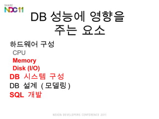 DB ??? ???  ?? ?? ???? ?? CPU Memory Disk (I/O) DB  ??? ?? DB  ??  ( ??? ) SQL  ?? 