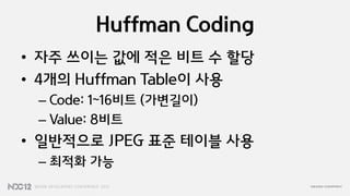 Huffman Coding
• 자주 쓰이는 값에 적은 비트 수 할당
• 4개의 Huffman Table이 사용
 – Code: 1~16비트 (가변길이)
 – Value: 8비트
• 일반적으로 JPEG 표준 테이블 사용
 – 최적화 가능
 