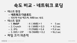 속도 비교 – 네트워크 로딩
• 테스트 환경
  – 네트워크 다운로드
 – 100개 이상 텍스쳐, 1MB/sec 속도
• 테스트 결과
 –   1. WebP        : 4 ( 4MB) + 1      = 5 sec
 –   2. Crunch      : 6 ( 6MB) + 0.3    = 6.3 sec
 –   2. JPG         : 11 (11MB) + 0.4   = 11.4 sec
 –   3. DDS + ZIP   : 16 (16MB) + 0.2   = 16.2 sec
• 파일 크기 의존적
 