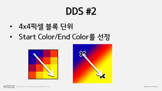 DDS #2
• 4x4픽셀 블록 단위
• Start Color/End Color를 선정
 