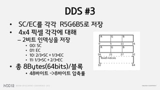 DDS #3
•   SC/EC를 각각 R5G6B5로 저장
•   4x4 픽셀 각각에 대해
    – 2비트 인덱싱을 저장
     •   00: SC
     •   01: EC
     •   10: 2/3*SC + 1/3*EC
     •   11: 1/3*SC + 2/3*EC
• 총 8Bytes(64bits)/블록
     • 48바이트 ->8바이트 압축률
 