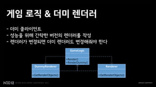 게임 로직 & 더미 렌더러
- 더미 클라이언트
- 성능을 위해 간략한 버전의 렌더러를 작성
- 렌더러가 변경되면 더미 렌더러도 변경해줘야 한다
 