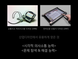 교통사고 처리시스템 디자인 (1996)   전자신문 단말기 디자인 (1997)



       산업디자인에서 유용하게 얻은 것


         <시각적 의사소통 능력>
         <문제 탐색 & 해결 능력>
 