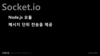 Socket.io
 Node.js 모듈
 메시지 단위 젂송을 제공
 