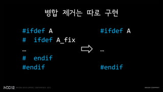 병합 제거는 따로 구현

#ifdef A        #ifdef A
# ifdef A_fix
…               …
# endif
#endif          #endif
 