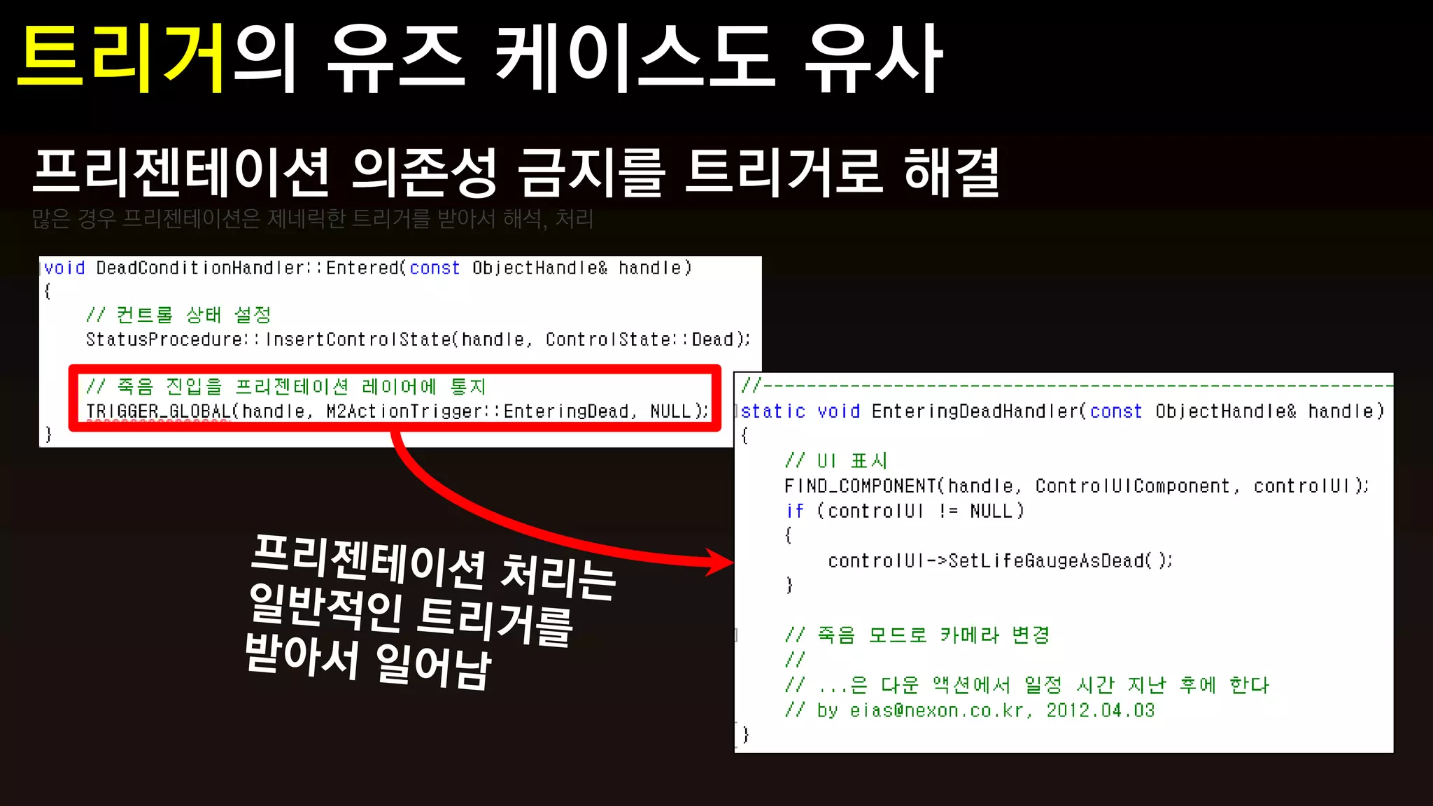 프리젠테이션 의존성 금지를 트리거로 해결
많은 경우 프리젠테이션은 제네릭한 트리거를 받아서 해석, 처리
 