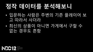 정작 데이터를 분석해보니
• 입문하는 사람은 주변의 기존 플레이어 보
고 따라서 사더라
• 최신의 상품이 아니면 가게에서 구할 수
없는 경우도 흔함
 