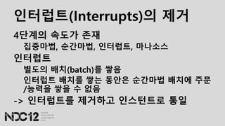 인터럽트(Interrupts)의 제거
4단계의 속도가 존재
집중마법, 순간마법, 인터럽트, 마나소스
인터럽트
별도의 배치(batch)를 쌓음
인터럽트 배치를 쌓는 동안은 순간마법 배치에 주문
/능력을 쌓을 수 없음
-> 인터럽트를 제거하고 인스턴트로 통일
 