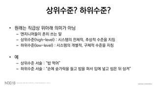 상위수준? 하위수준?
• 원래는 직급상 위아래 의미가 아님
– 엔지니어들이 흔히 쓰는 말
– 상위수준(high-level) : 시스템의 전체적, 추상적 수준을 지칭
– 하위수준(low-level) : 시스템의 개별적, 구체적 수준을 지칭
• 예
– 상위수준 서술 : “밥 먹어”
– 하위수준 서술 : “손에 숟가락을 들고 밥을 퍼서 입에 넣고 씹은 뒤 삼켜”
 