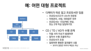 예: 어떤 대형 프로젝트
• 디렉터가 따로 없고 프로듀서만 있음
– 프로듀서/CD가 나누어 전문화
– 자원관리, 사업, 대외업무 위주
– 프로듀서는 1프로젝트 전담,
또는 2개 이상 담당하기도
• CD / TD / AD가 수평 관계
– 이들 사이 이슈가 발생하면
– 알아서 수평 조율하거나
– 프로듀서가 조정
– 잘못하면 평범한 결과물이 나옴
• 모두의 결정은 아무의 책임도 아닌
프로듀서
CD
기획팀
TD
기술팀
AD
미술팀
보조
프로듀서들
 