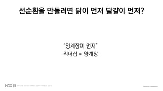 선순환을 만들려면 닭이 먼저 달걀이 먼저?
“양계장이 먼저”
리더십 = 양계장
 