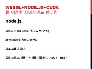 WEBGL+NODE.JS+CUDA
를 이용한 서버사이드 렌더링
node.js
네트워크 어플리케이션 (구글 V8 엔진)
Javascript를 통해 사용한다.
보조 모듈이 많다.
싱글 스레드, 비동기 처리를 지향한다. (REQ 1 – RES 1)
 