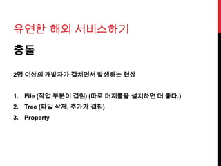 유연한 해외 서비스하기
충돌
2명 이상의 개발자가 겹치면서 발생하는 현상
1. File (작업 부분이 겹침) (따로 머지툴을 설치하면 더 좋다.)
2. Tree (파일 삭제, 추가가 겹침)
3. Property
 