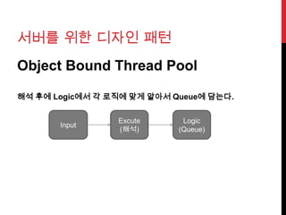 서버를 위한 디자인 패턴
Object Bound Thread Pool
해석 후에 Logic에서 각 로직에 맞게 알아서 Queue에 담는다.
Input
Excute
(해석)
Logic
(Queue)
 