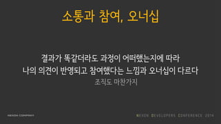 소통과 참여, 오너십
결과가 똑같더라도 과정이 어떠했는지에 따라
나의 의견이 반영되고 참여했다는 느낌과 오너십이 다르다
조직도 마찬가지
 