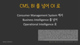 CMS, BI 를 넘어 OI 로
Consumer Management System 에서
Business Intelligence 를 넘어
Operational Intelligence 로
 