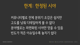 한계: 한정된 시야
커뮤니티별로 전체 분위기 조감은 쉽지만
고도를 낮춰 디테일하게 볼 수 없다
분야별로는 파편화된 시야만 얻을 수 있음
빈도가 적은 이슈일수록 놓치기 쉽다
 