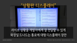 “상황판 디스플레이”
라이브 상황을 개발자에게 잘 전달할 수 있게
화장실 드나드는 통로에 대형 디스플레이 장만
 