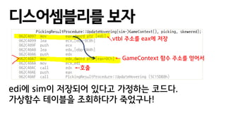 디스어셈블리를 보자
edi에 sim이 저장되어 있다고 가정하는 코드다.
가상함수 테이블을 조회하다가 죽었구나!
↖vtbl 주소를 eax에 저장
← GameContext 함수 주소를 얻어서
←호출
 