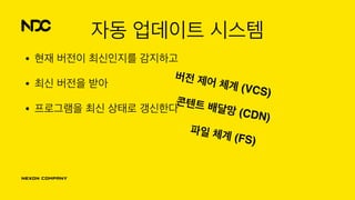 자동 업데이트 시스템
• 현재 버전이 최신인지를 감지하고
• 최신 버전을 받아
• 프로그램을 최신 상태로 갱신한다
버전 제어 체계 (VCS)
콘텐트 배달망 (CDN)
파일 체계 (FS)
 