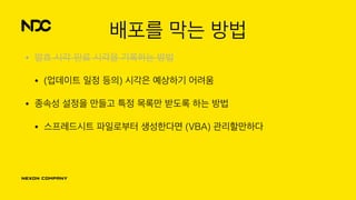 배포를 막는 방법
• 발효 시각-만료 시각을 기록하는 방법
• (업데이트 일정 등의) 시각은 예상하기 어려움
• 종속성 설정을 만들고 특정 목록만 받도록 하는 방법
• 스프레드시트 파일로부터 생성한다면 (VBA) 관리할만하다
 